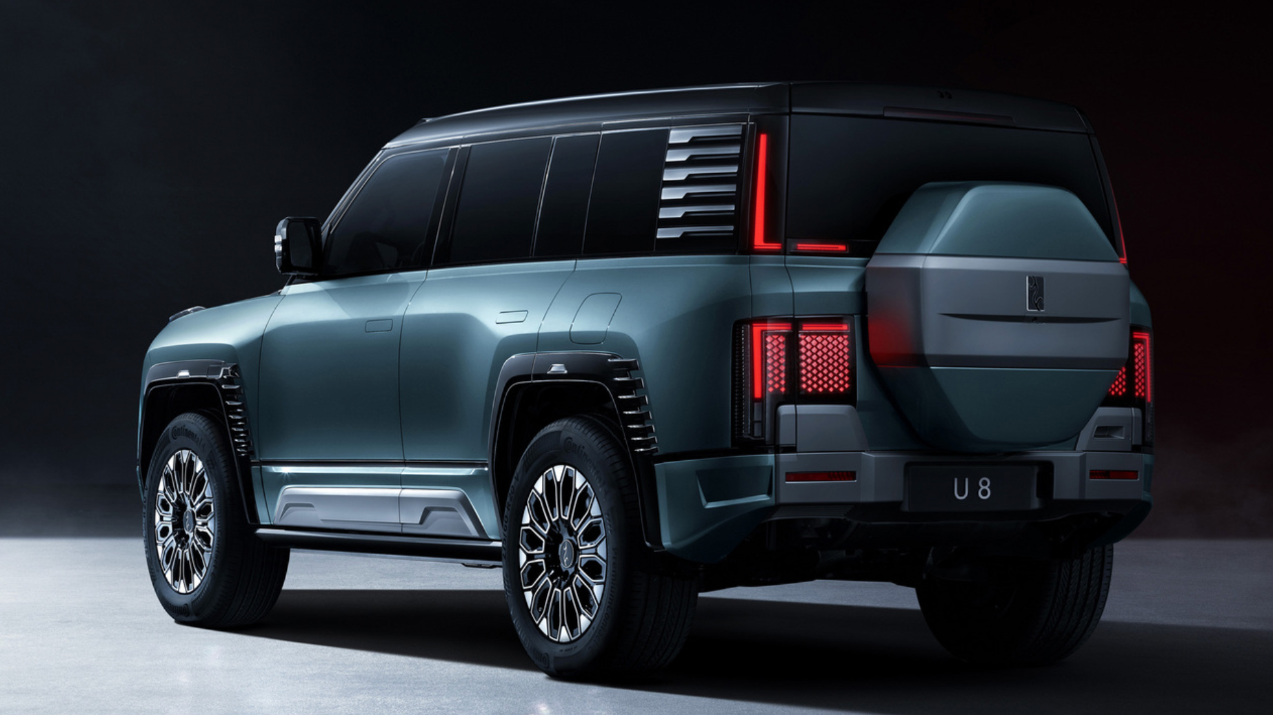 The rear design is characterized by its square and minimalist aesthetics.